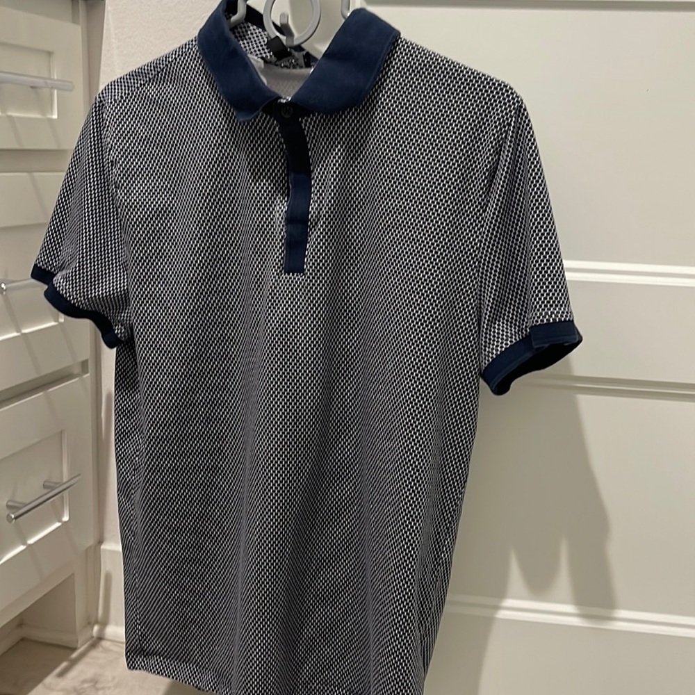 Express Men’s Navy Blue Polo Shirt Honeycomb Print